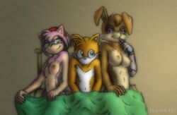 amy_rose anthro archie_comics bed bed_sheet breasts bunnie_rabbot canine color female fox fur furry furry_only hedgehog humbird0 interspecies male mammal multiple_females rabbit sitting smile sonic_(series) tails uncensored