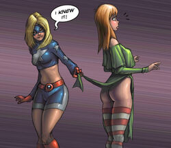 2girls ass blonde_hair courtney_whitmore cyclone_(dc) dc dc_comics dress green_dress jsa justice_society_of_america long_hair maxine_hunkel multiple_girls no_panties red_hair star-spangled_kid stargirl thick_thighs thighhighs yuri