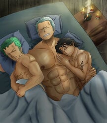 3boys gay human male male_only multiple_males on_bed one_piece portgas_d_ace roronoa_zoro sleeping smoker_(one_piece) straight_hair yaoi