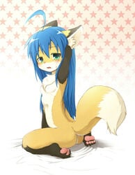 4_toes ahoge anthro arms_up ass back barefoot blue_hair breasts chest_tuft fangs feet female female_only fox fur furrification furry furry_ass furry_breasts furry_ears furry_tail green_eyes hair ka ka_(pixiv341010) kagerofu konata_izumi long_hair looking_at_viewer lucky_star mole nude open_eyes open_mouth pawpads paws pointy_ears raised_tail sheets side_view sitting small_breasts soles solo star sweatdrop tail tan_fur toes white_fur