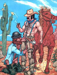 2boys balls ballsack bandana beard black_hair blowjob body_hair boots bowler_hat cactus chest_hair cowboy cowboy_hat desert erect_penis erection facial_hair fellatio foreskin gay gay_sex hairy_male holster horse human intact male male/male male_nipples male_on_male male_only male_pubic_hair manly mature_male michael_kirwan muscles muscular_male mustache open_pants open_shirt oral oral_sex orange_hair pants_down partially_retracted_foreskin pecs penis penis_out reins scrotum shirtless sideburns spurs suspenders testicles topless uncut veiny_penis