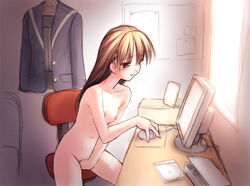 1girls breasts brown_eyes brown_hair chair clothes_removed collarbone computer desk female fingering indoors long_hair masturbation navel nipples norizou_type-r nude sitting sketch small_breasts solo
