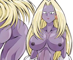 1girls abs alternate_breast_size angry areolae ass belly big_breasts blonde_hair bottomless breasts color ear_piercing earring earrings exposed_breasts female female_only green_eyes hair huge_breasts jynx large_breasts long_hair muscular_female naughty_face nintendo nipples nude open_eyes piercing pokemon pokemon_(species) pokemon_rgby purple_skin seductive solo thin_waist topless uranoyoru white_background