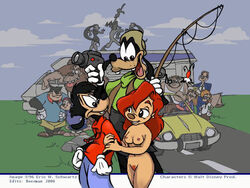 a_goofy_movie anthro breasts car clothed clothing day disney dog female fishing_rod goofy male max_goof nipples nude outdoors pj roxanne_(goof_troop) standing straight tagme toony trio_focus video_camera