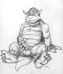 2007 balls barefoot bowser claws erection humanoid_penis k-9 koopa male male_only mario_(series) masturbation nintendo nude penis reptile scalie sitting solo straight_hair video_games