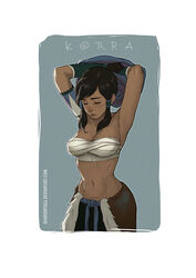 1girls armband armpits arms_up artist_name avatar_legends bandages black_hair character_name chest_wraps cleavage closed_eyes clothing dandon_fuga dark-skinned_female dark_skin female female_only korra medium_breasts navel nickelodeon ponytail skirt solo standing straight_hair the_avatar the_legend_of_korra tied_hair undressing water_tribe