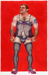 1boy abs arm_hair beefy body_hair chest_hair crossdressing erection hairy_chest hairy_male human lingerie male male_nipples male_only male_pubic_hair marine masculine mature_male michael_kirwan muscular_male panties partially_exposed_penis pecs pubes semi-erect stockings tattoos veiny_penis