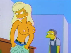 1boy1girl 3:4_ratio breasts clothes color female grey_hair human male moe_szyslak nipples paheal public_topless the_simpsons titania_(the_simpsons) topless topless_female undressing_self yellow_skin