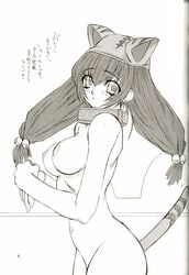 1girls animal_ears artist_request blush breasts cat_girl collar cowboy_shot di_gi_charat female greyscale humanoid japanese_text large_breasts long_hair monochrome nipples nude puchiko solo tagme tail wide_hips