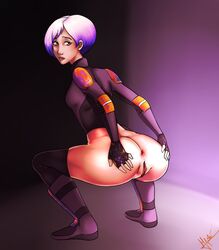 1girls ass big_ass breasts brown_eyes colored_hair female_focus female_only half-dressed kneeling looking_back moshimashi sabine_wren short_hair simple_background small_breasts solo spreading_ass star_wars star_wars_rebels watermark