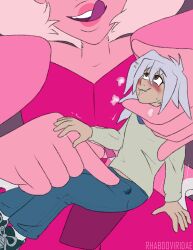 1boy 1girls blush blushing blushing_at_another blushing_profusely cartoon_network clothed_erection cumming_in_pants diamond_authority female gem_(species) giantess male pink_diamond_(steven_universe) precum ryou_bakura size_difference steven_universe wolftacos yu-gi-oh!