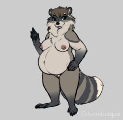 2021 5_fingers 5_toes anthro areola belly big_belly black_nose breasts brown_hair claws facial_markings feet female finger_claws fingers folvondusque fur genitals grey_body grey_fur hair hand_on_hip hand_on_own_hip head_markings hi_res julie_(sour_gems) looking_at_viewer mammal markings mask_(marking) navel nipples nude pawpads pregnant pregnant_female procyonid pussy raccoon ringtail shortstack signature solo toe_claws toes