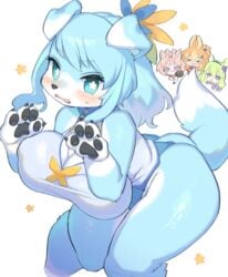 anthro big_breasts blue_eyes blue_fur blue_hair canine dog_ears fur furry pawpads paws rikose star_pupils