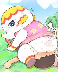 2017 animal_crossing anthro ass blue_eyes blush clothing duo elephant elephantid facesitting female footwear hi_res human human_on_anthro interspecies kneeling looking_worried male male/female mammal margie_(animal_crossing) markings multicolored_tail nintendo open_mouth overweight overweight_female panties proboscidean rantan_chan shirt topwear underwear video_games villager_(animal_crossing) white_body