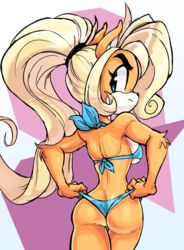 1girls activision angry anthro ass bikini bikini_bottom bikini_lift bikini_pull bikini_top coco_bandicoot crash_(series) female from_behind fur furry hips legs pulling_clothing self_wedgie sideboob swimsuit swimwear teevo thighs tugging wedgie