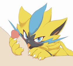 4_fingers :3 ambiguous_gender black_body black_fur blue_body blue_eyes blue_fur blush claws duo erection faceless_human faceless_male feral fingers first_person_view fur genitals human human_on_feral humanoid_genitalia humanoid_penis interspecies legendary_pokémon licking looking_at_viewer male male/ambiguous male_pov mammal multicolored_body multicolored_fur nintendo oral paws penile penis penis_grab penis_lick pokémon_(species) poképhilia pokemon pupils sake_kemosalmon sex simple_background slit_pupils tongue tongue_out video_games whiskers white_background yellow_body yellow_fur zeraora