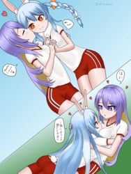 bunny_ears bunny_tail gatitasecsii gym_uniform hololive hololive_fantasy hololive_indonesia hololive_indonesia_area_15 hololive_japan lesbian light_blue_hair long_hair moona_hoshinova orange_eyes purple_eyes purple_hair usada_pekora virtual_youtuber yuri