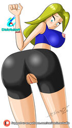 1girls 2018 ass_focus big_butt blonde_hair blue_eyes blue_shirt blush blushing_at_viewer booty_shorts caricanima embarrassed exposed_nipples exposed_pussy female female_focus large_breasts looking_back my_favorite_nanny nervous nervous_face nipples solo tagme torn_clothing vagina yazmin_(caricanima)