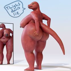 3d_(artwork) 5_fingers abstract_background anthro areola ass belly belly_overhang big_areola big_belly big_breasts big_butt big_nipples bigjoppa breasts butt_grab curvy_figure deep_navel dialogue digital_media_(artwork) dinosaur feet female fingers genitals glistening glistening_body green_eyes hand_on_butt hi_res huge_breasts huge_butt humanoid_feet looking_at_viewer mirror navel nipples non-mammal_breasts overweight overweight_anthro overweight_female pupils pussy red_body reptile scalie seductive slightly_chubby slit_pupils smile solo solo_focus speech_bubble standing text thick_thighs wide_hips