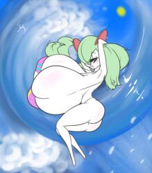 anthro ass bedroom_eyes big_breasts big_butt bikini bikini_top bottomless breasts clothed clothing edit female green_hair hair hands_behind_head hi_res huge_breasts hyper hyper_breasts kirlia lips looking_at_viewer narrowed_eyes nintendo pokémon_(species) pokemon pokemon_(species) red_eyes seductive snugundies solo swimwear video_games