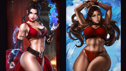 2girls avatar_the_last_airbender azula big_breasts blue_eyes bra breasts brown_eyes brown_hair child_bearing_hips chocolate_and_vanilla cleavage clothed clothing dandon_fuga dark-skinned_female dark_skin female female_focus female_only fire fire_bending fire_nation hair_up hips katara large_breasts light-skinned_female light_skin lighting loincloth long_hair midriff nickelodeon panties pubic_hair sports_bra thick_thighs thighs underwear very_long_hair water water_tribe waterbending wide_hips