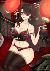 alcohol bare_shoulders bare_thighs beidou_(genshin_impact) big_breasts black_panties brown_eyes brown_hair cleavage collarbone cryptid_crab drooling drunk earrings genshin_impact hair_over_one_eye large_breasts licking_lips lingerie long_hair looking_at_viewer one_eye_covered panties pubic_hair pubic_hair_peek saliva saliva_trail sitting smile thick_thighs thighhighs