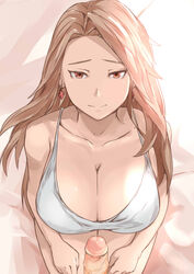 breasts brown_eyes cafekun cleavage earrings female granblue_fantasy katalina_aryze large_breasts penis pov sitting straight uncensored