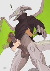 anthro blush bottomless claws clothed clothing clothing_lift disembodied_hand dragon explanation genitals head_wings madness_demon male male_only masturbation mechanical_dragon metroid nintendo open_mouth penis ridley ridley_(metroid) shirt shirt_lift solo surprise topwear video_games