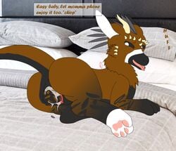 anthro anus bedroom dutch_angel_dragon egg egg_laying feathers looking_pleasured pussy pussy_juice tail telephone_(character) telephone_(ino89777) text tongue_out