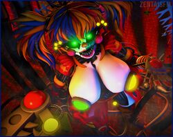 3d above_view animatronic baby_(fnafsl) big_breasts breasts cheek cheek_bulge cheeks circus_baby circus_baby_(fnaf) claw claws cleavage cosmic_trance five_nights_at_freddy's five_nights_at_freddy's_6 freddy_fazbear's_pizzeria_simulator glowing glowing_eyes green_eyes hair heart-shaped_pupils heart_eyes hips huge_breasts large_breasts lipstick long_hair looking_at_viewer looking_up massive_breasts metal_hair metal_skin metallic_body multicolored_body multicolored_hair multicolored_lips plastic_hair pointy_teeth ponytail robot roller_skates scrap_baby scrap_baby_(cosmic_trance) scrap_baby_(fnaf) sharp_teeth shoulder_pads shrug shrugging skirt source_filmmaker teeth teeth_showing thighhighs white_body white_skin wide_hips wire wires zentaisfm