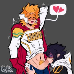 2boys amajiki_tamaki blonde_hair blonde_pubic_hair blowjob clothing clothing_lift cum_in_mouth dressed elf_ears gay hornybean male/male mirio_togata my_hero_academia penis pointy_ears pubes pubic_hair tamaki_amajiki togata_mirio