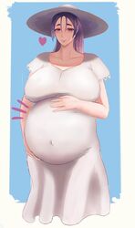 big_belly big_breasts botsu fate/grand_order fate_(series) hand_on_belly mature_female milf minamoto_no_raikou_(fate/grand_order) mother pregnant ready_to_pop smile straw_hat thick_thighs white_dress