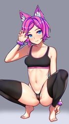 1girls barefoot black_underwear blue_eyes breasts cat_ears cat_pose catgirl clothed clothing feet female female_focus female_only grey_background ikkimay looking_at_viewer maeve_(paladins) paladins partially_clothed pink_hair pink_nails pussy_peek small_breasts smiling soft_shading soft_smile sports_bra squatting thong underwear