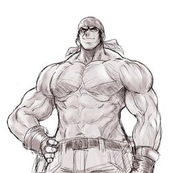 1boy anagumasan belt gloves grin jeans king_of_fighters looking_at_viewer male_only muscular muscular_male no_color ralf_jones seductive_look shirtless sketch snk solo_male