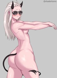 1girls artist_name ass blush breasts devil_tail female female_focus female_only helltaker horns justice_(helltaker) long_hair nude shadertoons smile solo sunglasses tagme tail tinted_eyewear white_hair