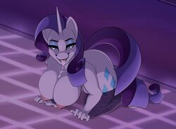 all_fours anthro anthrofied big_breasts blue_bender bodily_fluids breasts cum cum_on_tongue equid equine female friendship_is_magic genital_fluids hasbro hi_res horn mammal my_little_pony rarity_(mlp) solo straight_hair tongue unicorn