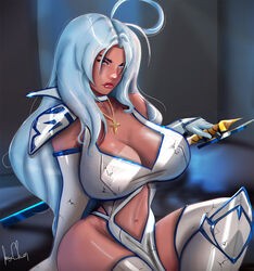 armor big_breasts blue_eyes blue_hair cleavage combatants_will_be_dispatched! female lasgaclaven snow_(combatants_will_be_dispatched!) sword