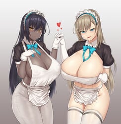 2021 2girls apron asuna_(blue_archive) big_breasts blue_archive blue_eyes blush bow breasts cleaning_&_clearing_(blue_archive) cleavage covered_navel covered_nipples dark-skinned_female dark_skin eyebrows eyebrows_visible_through_hair female female_focus female_only gloves gradient_background hand_on_breast hand_on_own_breast hand_on_own_chest hand_under_breast holding_hands karin_(blue_archive) legwear looking_at_viewer maid maid_headdress millennium_science_school_student nipples_visible_through_clothing oerba_yun_fang pants simple_background standing tight_pants white_apron white_gloves white_legwear white_pants yellow_eyes zb_(xucz8527)