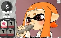 1boy 1girls animated brown_eyes cock_hungry cum_hungry cum_in_mouth fellatio gauge gulping half-closed_eyes hand_on_leg hand_on_penis inkling inkling_girl kaori_(splatoon) longer_than_30_seconds longer_than_one_minute male/female mouth_open movement music nintendo oral oral_penetration orange_hair penis pivix_fanbox sound splatoon text tukada video video_game wet_penis white_shirt wrapped_hands