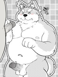 2021 anthro balls belly blush bodily_fluids canid canine canis censored closed_eyes cum cum_on_face domestic_dog duo genital_fluids genitals goujuyu japanese_text kemono male male/male mammal moobs navel nipples overweight overweight_male penis solo_focus text translation_request