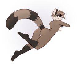 anthro ass barefoot brown_body brown_fur cheek_tuft facial_tuft feet female fur genitals hi_res leg_markings looking_back mammal markings nude procyonid pussy raccoon simple_background socks_(marking) solo striped_tail stripes tuft white_background zkelle