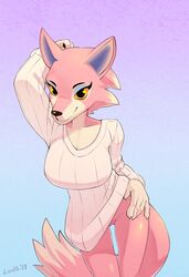 2019 5_fingers absurd_res animal_crossing anthro big_breasts bottomless breasts canid canine canis cleavage clothed clothing crombie female fingers flirting freya_(animal_crossing) fur furry furry_only genitals hand_behind_head hand_on_hip hi_res mammal nintendo orange_sclera partially_clothed pink_body pink_fur pussy signature solo sweater tail topwear video_games white_clothing white_sweater white_topwear wolf