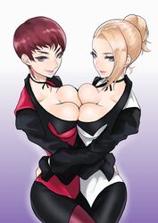 2girls anagumasan female_only grin hips hugging king_of_fighters large_breasts lipstick looking_at_viewer mature_(kof) red_eyes simple_background snk turquoise_eyes vice_(kof) waist