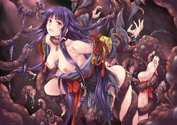 ambiguous_penetration breasts character_request covered_penetration cum dress feet feet_up female hakama highres implied_penetration implied_sex interspecies japanese_clothes kuragetakos long_hair miko nipples purple_eyes purple_hair red_hakama restrained sex_under_clothes sex_under_dress shikigami_no_shiro soles spread_legs tentacle tentacle_sex tentacle_under_dress tentacles_under_clothes torn_clothes