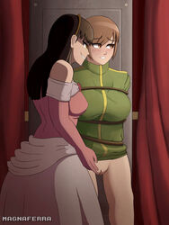 2girls amagi_yukiko atlus blush bottomless breasts brown_hair dress eyebrows_visible_through_hair femdom imminent_sex large_breasts magna_ferra multiple_girls persona persona_4 restrained rope rope_bondage satonaka_chie self_upload shadow_self_(persona) shadow_yukiko yuri