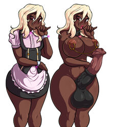 adjatha animal_genitalia big_breasts bimbo bimbofication blonde_hair blush breast_expansion breast_growth breasts brown_eyes choker clothed dark-skinned_futanari dark_skin delilah_(tits) futa_only futanari heart hips horsecock huge_balls huge_cock linked_piercing lips lipstick maid_uniform naked nipple_chain nipples penis pierced_nipples piercing sheath thick_thighs trials_in_tainted_space two_tone_penis veiny_penis