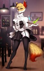 absurd_res alcohol anthro beverage big_breasts blush bottomwear braixen breasts clothed clothing clothing_lift cocktail female hi_res nintendo pokémon_(species) pokemon pokemon_(species) serving_tray sex_toy skirt skirt_lift solo vibrator video_games zhadart