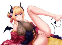 1girls anus areola bare_shoulders black_horns black_tail black_wings blonde_hair bottomless censored censored_pussy fishnet_top fishnet_topwear fishnets hair_bun hair_ornament heart_tail hololive hololive_gen_2 hololive_japan horns hu_sea looking_at_viewer lying lying_on_back nipples nipples_visible_through_clothing no_bra no_panties pointy_ears simple_background spread_legs spread_pussy spreading spreading_pussy succubus tail tattoo tattoo_on_chest virtual_youtuber white_background wings yuzuki_choco