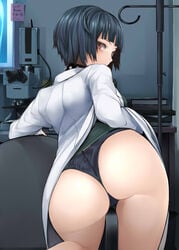 1girls ass black_hair bob_cut lab_coat nemu_(nebusokugimi) over_shoulder panties persona persona_5 short_black_hair short_hair source_request tae_takemi tagme