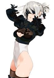 black_legwear blindfold female leotard medium_hair mole mole_under_mouth nier:_automata nier_(series) solo standing thighhighs white_background white_hair white_leotard yang-do yorha_2b